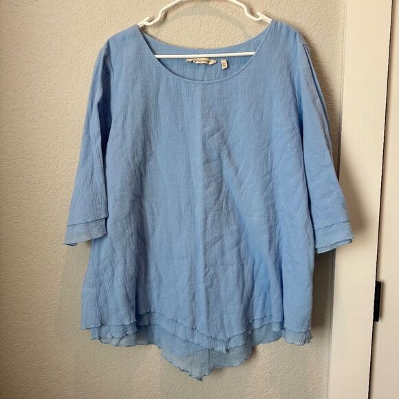 Soft Surroundings Blue 100% Gauzy Cotton Layered 3/4 Sleeve Blouse - Size L EUC - Picture 1 of 5